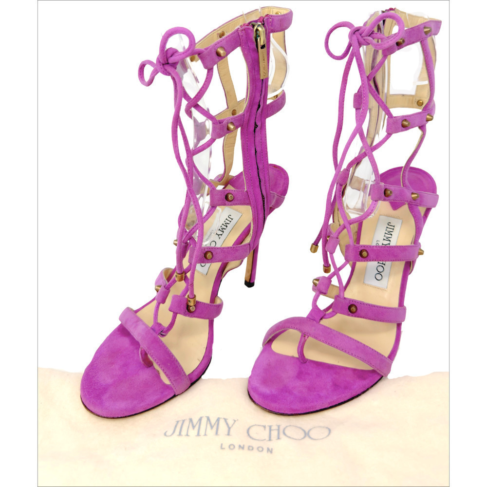 Jimmy Choo Shoes Heels Sandals Lavender Suede Stud Gladiator Purple Caged 37.5 - Picture 11 of 11
